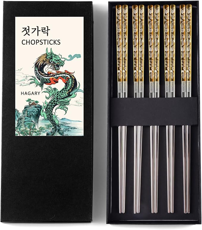 Hagary Dragon Chopsticks Metal Reusable Designed In Korea Japanese Style Stainless Steel 316 18/10 Non-Slip Dishwasher Safe Laser Etched (Gold - 5 Pairs)