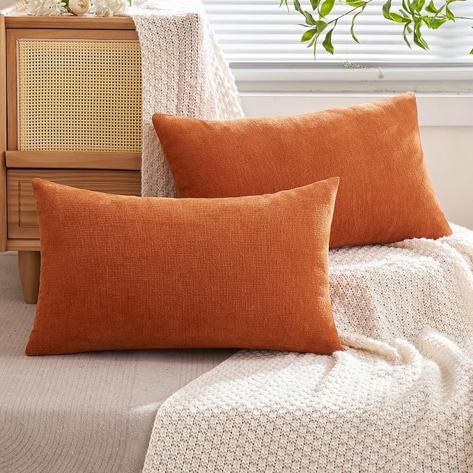 MIULEE Halloween Fall Burnt Orange Chenille Lumbar Pillow Covers, 12x20 | Set of 2, Soft Farmhouse Modern Home Decor, Decorative Pillowcases for Sofa Living Room Bed