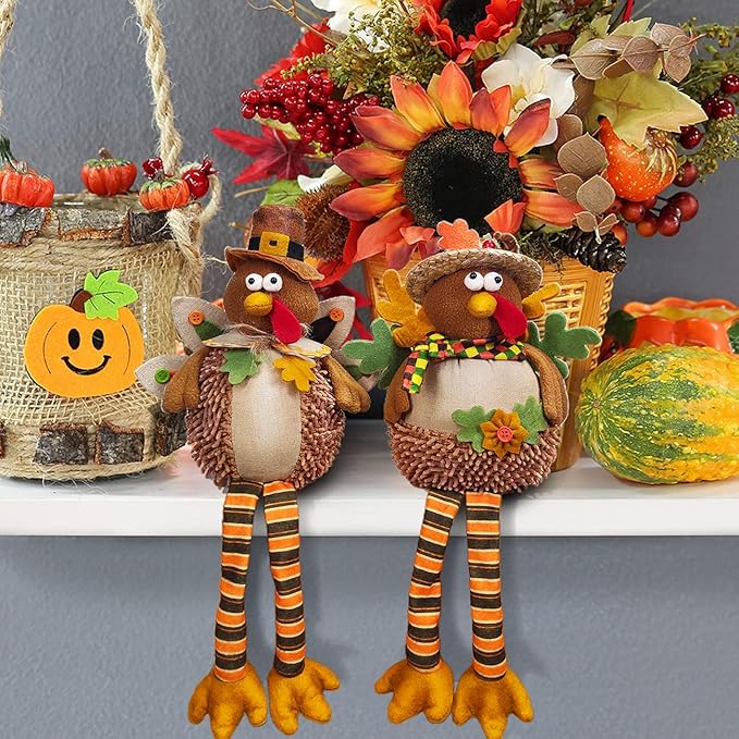 Ogrmar 15 Inch 2 Pack Stuffed Turkey Couple Doll Thanksgiving Tabletop Decorations Exquisite Handmade Turkey Plush Doll Kit for Autumn Harvest Home and Room Table Ornaments