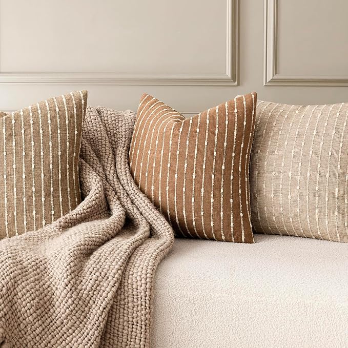 Foindtower Pack of 2 Decorative Jacquard Boucle Throw Pillow Covers Accent Textured Striped Pillowcases Cozy Modern Cushion for Couch Sofa Bedroom Living Room Home Decor 18x18 Inch Rust Tobacco
