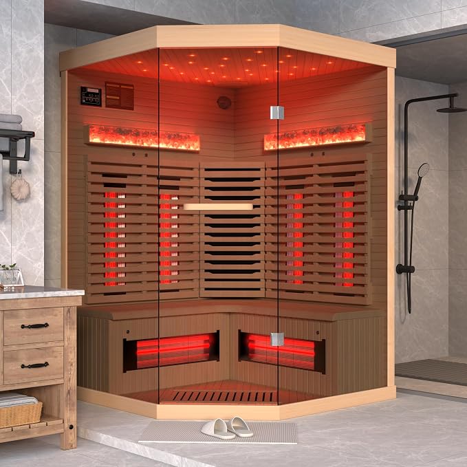 3-4 Person Infrared Home Sauna-Corner Sauna Spa Room w/Himalayan Salt Therapy & Starry Sky Spa,Canadian Hemlock, Tempered Glass (220V, ETL Certified)