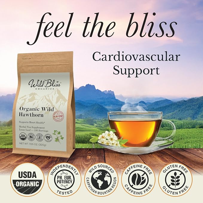 Wild Bliss Organic Hawthorn Tea - Caffeine Free Loose Leaf and Flower Herbal Tea - Pharmacopoeia Potency - 100 Servings