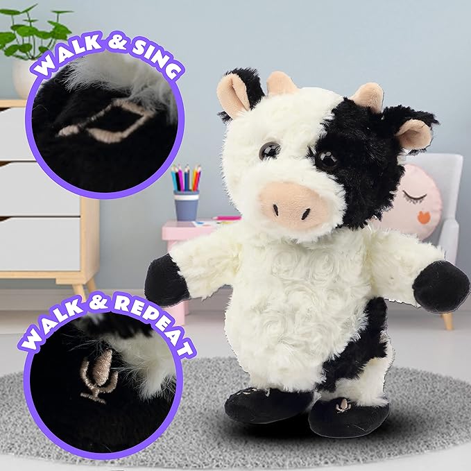 Easfan Walking Cow Repeats What You Say Stuffed Animal Talking Singing Barking Electric Interactive Plush Toy Funny Cattle Birthday for Kids Toddlers,8’’