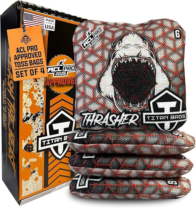 Titan Bags Thrasher Cornhole Bags - 6"x6" ACL PRO Approved Tournament-Grade, Durable Dual-Sided for Precision Shots, All-Weather Power Grip Pellets for Indoor & Outdoor Tossing - Set of 4