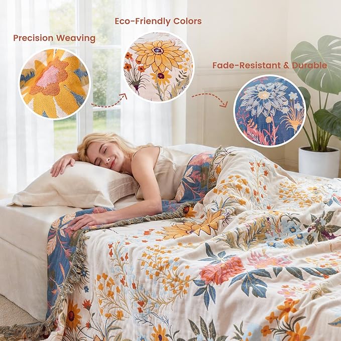 MSGKV Boho Throw Blanket 50"x60" 100% Cotton Floral Chair Blanket for Couch | 100 Cotton Throw, Floral Garden Design, Muslin Blanket, Summer Breathable, Farmhouse Home Decor, All Season, Machine Washable
