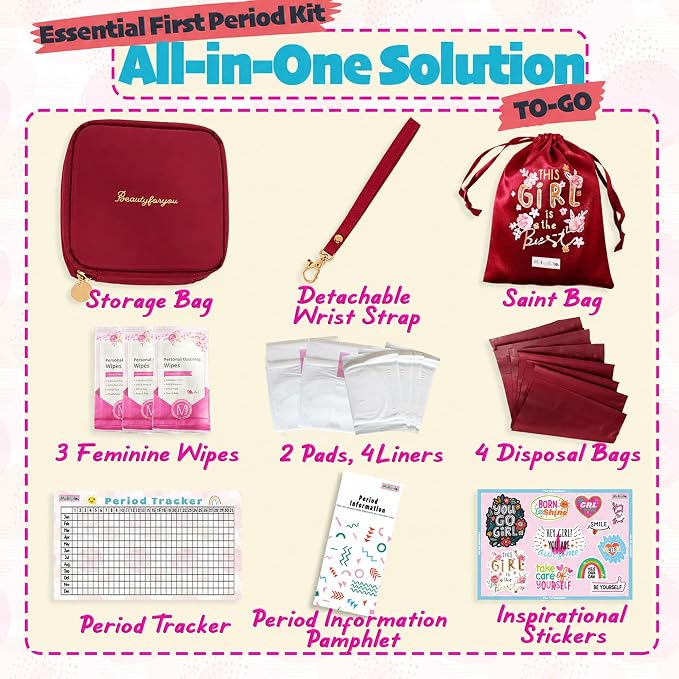 Essential Period Kit for Girls | First Period kit for Girls 10-12 | Period Bags for Teen Girls for School | First Period Gift with Sanitary Pad Storage Bag, Wipes, Period Tracker and More (Red)