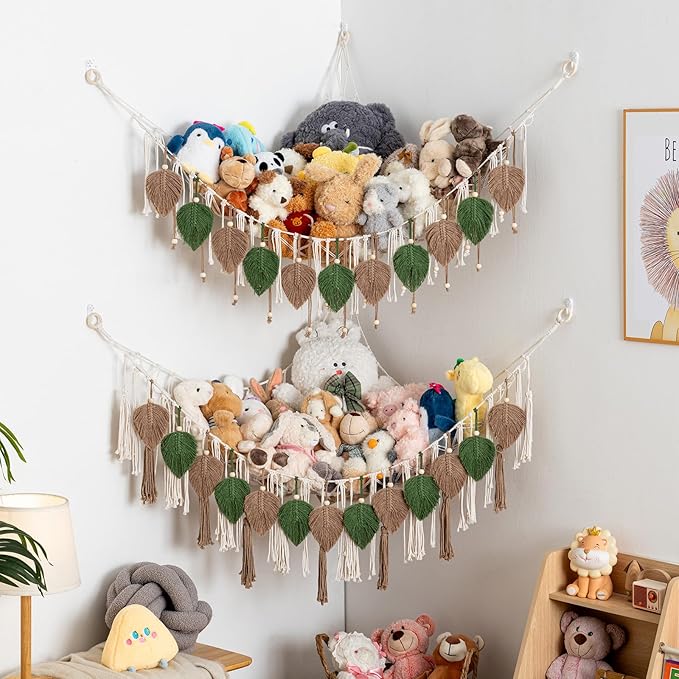 Pretty Jolly Macrame Stuffed Animal Hammock with Beads Hand Woven Leaf Tassels Corner Hanging Net Boho Plush Holder for Kid Room Nursery Decor Organizer for Girls Gift(AvocadoGreen & Milkcoffee)