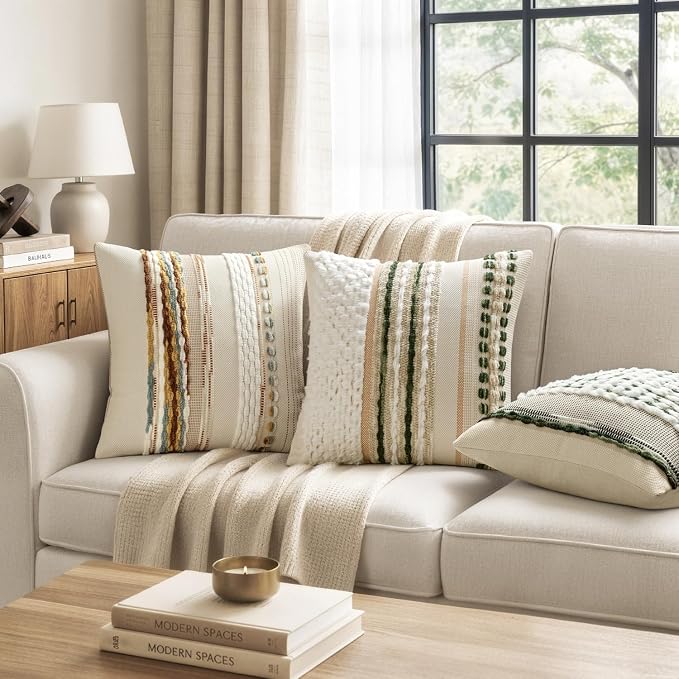 ANRODUO Boho Decorative Throw Pillow Covers Plush Green 20x20 Pack of 2 | Chenille Tufted Couch Pillow Covers, Farmhouse Pillow Covers, Accent Neutral Pillowcase, Cushion Covers for Couch Sofa Bed