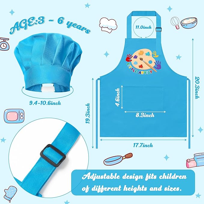 R HORSE Kid Apron and Chef Hat Set 2Pcs Adjustable Children Blue Artist Kitchen Apron, Dress up Role Play Chef Toy Cooking Baking Painting and Training Kits Funny Birthday Christmas Gift for Kids