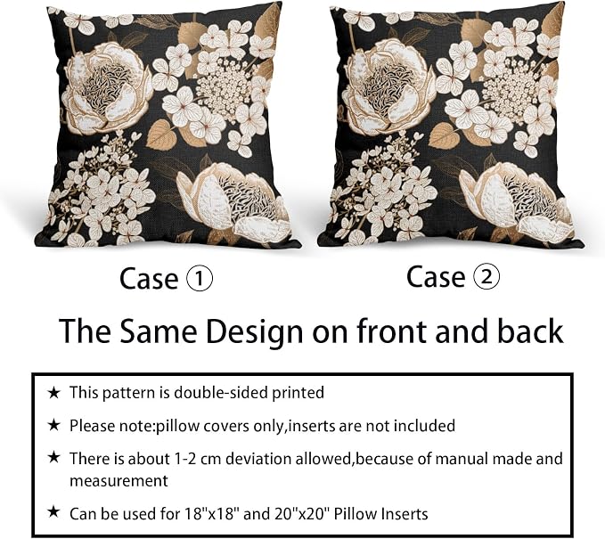 Vintage Flowers Pillow Covers 18X18 Inch Set of 2 White Floral Gold Leaves Botanical Decorative Pillow Cases Rustic Black Cotton Linen Cushion Case Farmhouse Home Decor For Sofa Couch Living Room