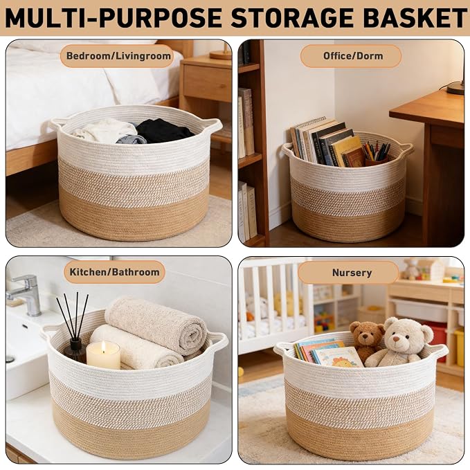 90L Large Blanket Basket,Rope Woven Laundry Basket-Yellow | Collapsible, reinforced handles, nursery storage bin organizes clothes, toys and pillows for living room, bedroom bathroom