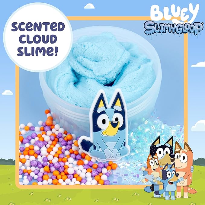 Official Bluey SLIMYGLOOP Mix'Ems, Pre-Made Cloud Slime, Bubblegum Scent, Fun Slime Add Ins Including Bluey Charm, Foam Balls, Glitter, Fidget Toy, Super Soft Non-Sticky Stress Relief Toy