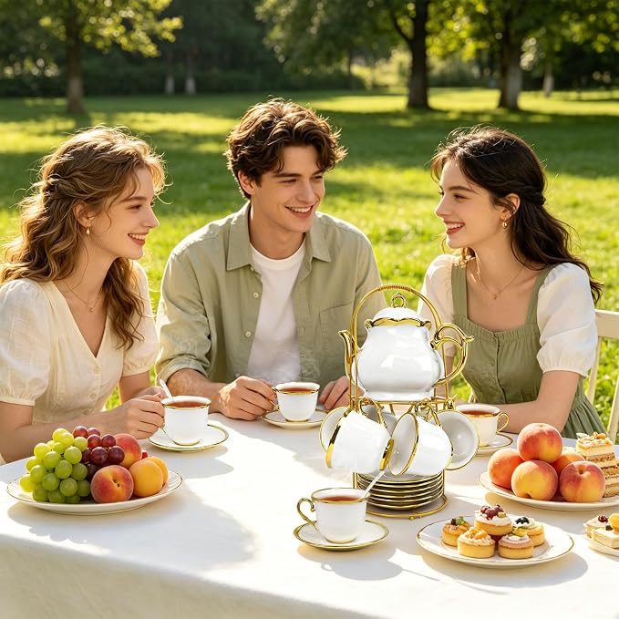 20 Pcs Porcelain Tea Set with Metal Holder, Adult Tea Set Gift, European Ceramic Tea Set for Adults, Flower Tea Cup Saucer Set for Party With Gold Trim(French White/1100ml)