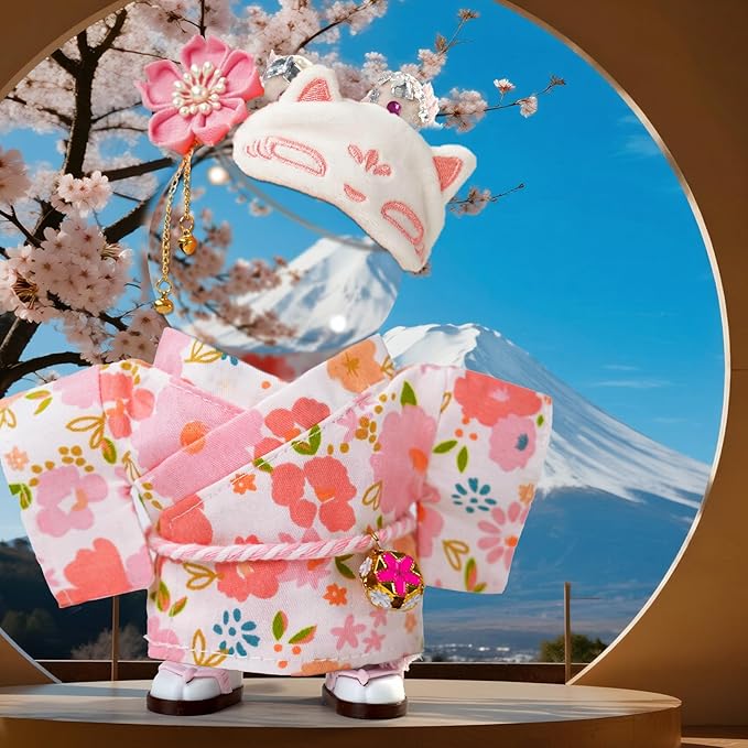 17cm Doll Clothes,Outfit Accessories Kimono Set for 6.7inch Dolls Girls, Kawaii Chic Designer Style Flower Hairbow+Pink Clothing Pajamas+Cute Halloween Mask(NO Doll)