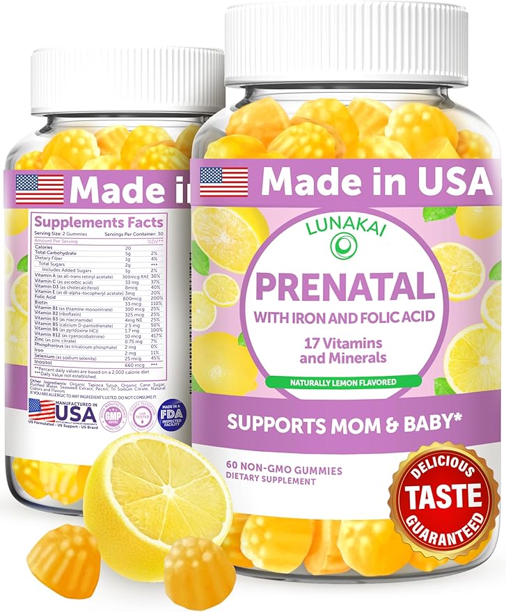 Lunakai USA Made 17-in-1 Prenatal Vitamins for Women with Iron & Folic Acid – Delicious Daily Prenatal Gummies for Maternal Wellness Support, 60ct