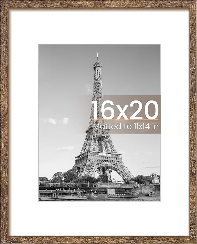 upsimples 16x20 Picture Frame, Display Pictures 11x14 with Mat or 16x20 Without Mat, Wall Hanging Photo Frame, Rustic Brown, 1 Pack
