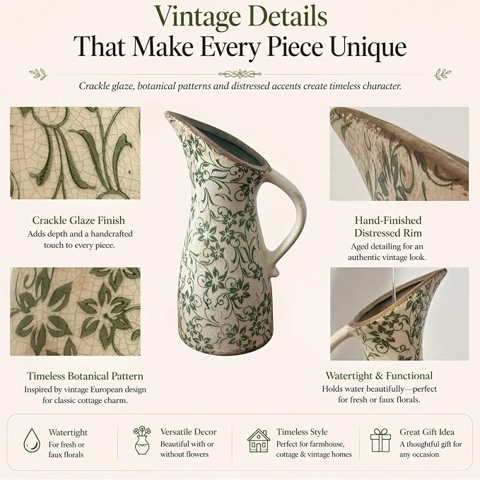 10" Farmhouse Pitcher Vase – Tuscan Green Scroll Ceramic Vase with Handle, Vintage Floral Decorative Jug for Kitchen Counter, Table, Mantel Decor