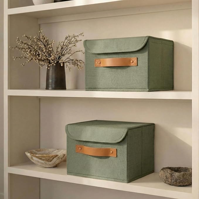 Decorative Linen Storage Boxes with Lids - Spacious Set of 2 Organizer Bins | The Perfect Small Container for Home Decor - Safely Store Photos, Documents and Memory Box Keepsakes in Style