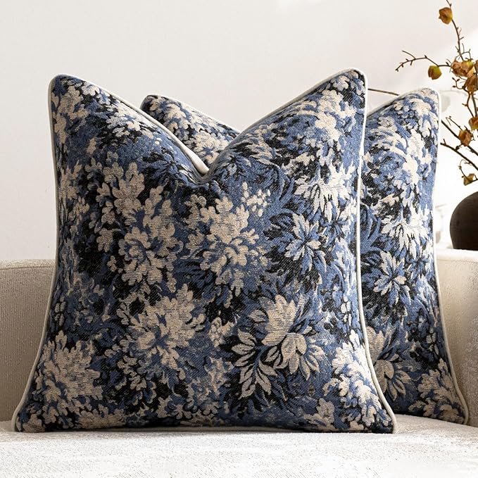 Pack of 2 Vintage Floral Euro Sham Covers 26x26 Boho Farmhouse Accents Chenille Square Decorative Throw Pillow Cases for Living Room Couch Bed Home Decor, Dusty Blue
