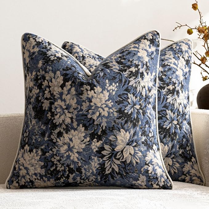 Pack of 2 Vintage Floral Throw Pillow Covers 18x18 Boho Farmhouse Accents Chenille Square Decorative Pillow Cases for Living Room Couch Bed Home Decor, Dusty Blue