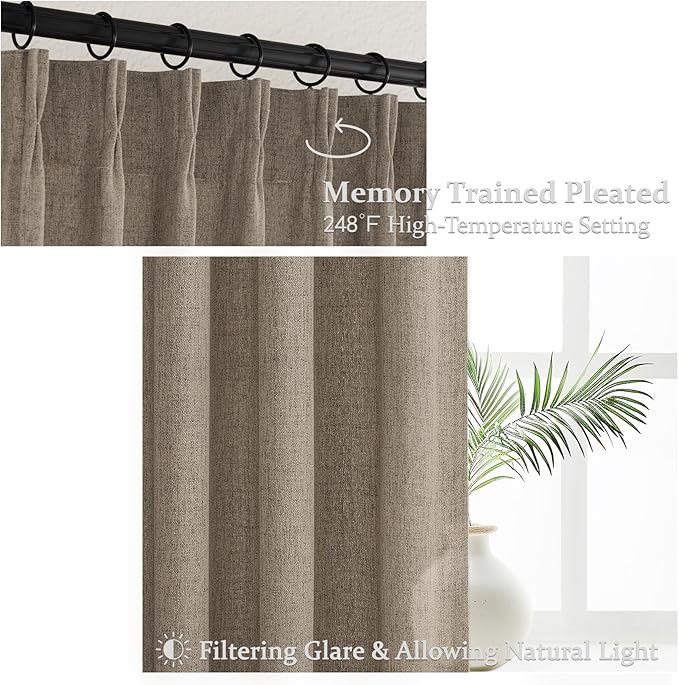 Pinch Pleated Natural Linen Sheer Curtains 84 Inches Long for Living Room 2 Panels Set, Dark Flax Light Filtering Farmhouse Thick Drapes with Hooks Rings Back Tab for Bedroom 40"W x 84"L Window Burg