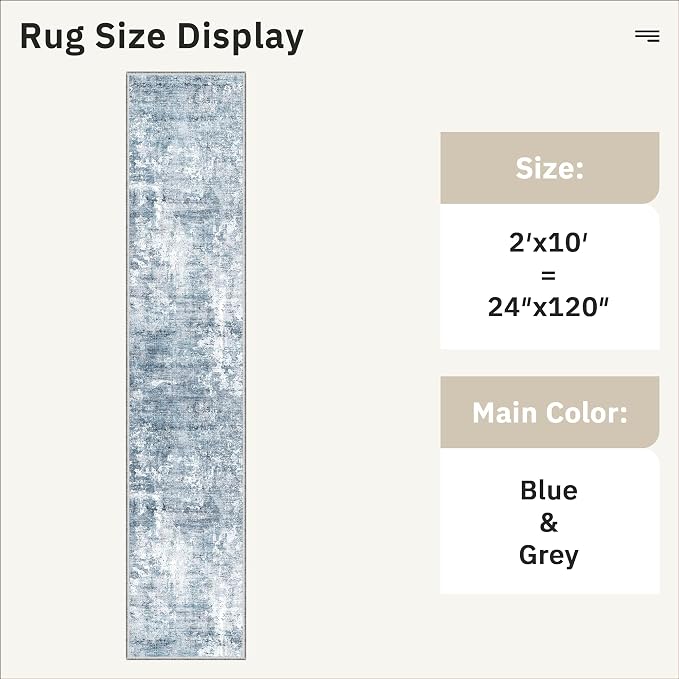 Soalmost Abstract Runner Rug 2x10 Hallway Kitchen Runners Blue/Grey | Stain Resistant Vintage Rugs for Bathroom Laundry Room, Low Pile Foldable Floor Carpet Mat for Entryway Corridor Bedroom
