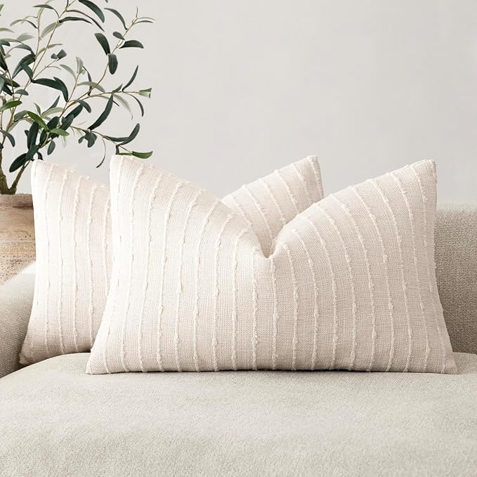 Foindtower Pack of 2 Decorative Jacquard Boucle Lumbar Throw Pillow Covers Accent Textured Striped Pillowcases Cozy Boho Cushion for Couch Sofa Bedroom Living Room Home Decor 12x20 Inch Cream White