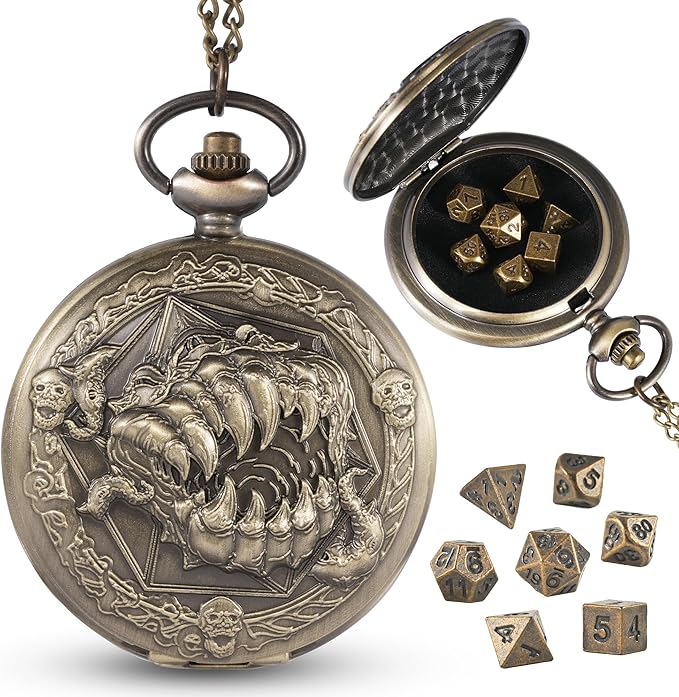 D&D Dice Set,7PCS Metal Dice for Dungeons and Dragons,Mini Dice Set with Pocket Watch Case,Role Playing Board Games Accessories (Monster, Bronze)