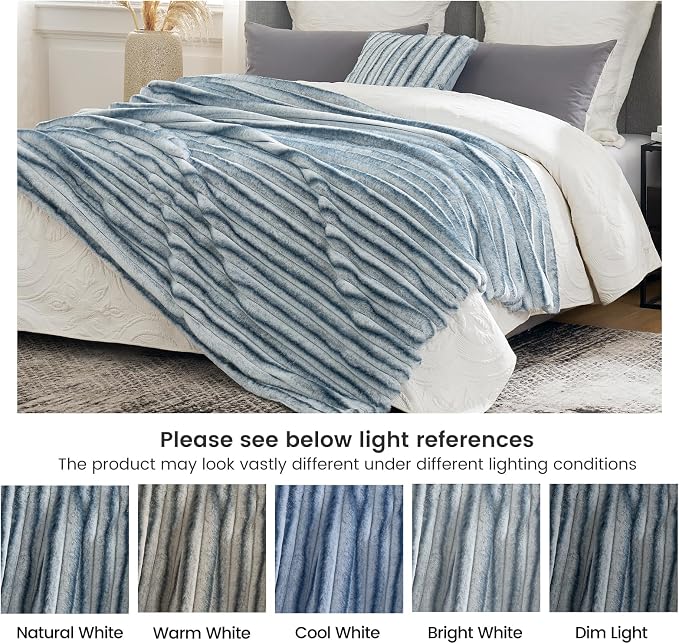 Cozy Bliss Faux Fur Throw Blanket for Couch, Cozy Warm Plush Striped Blanket for Sofa Bedroom Living Room, 60 * 80 Inches Blue