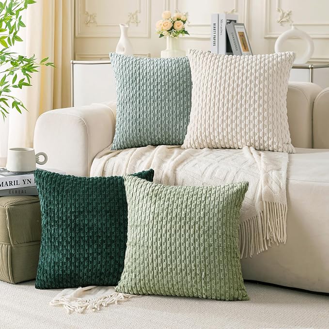 Set of 4 Sage Forest Green Decorative Throw Pillow Covers 16x16 Inch Corduroy Pillow Covers for Bed Couch Sofa Living Room Soft Square Cushion Cases