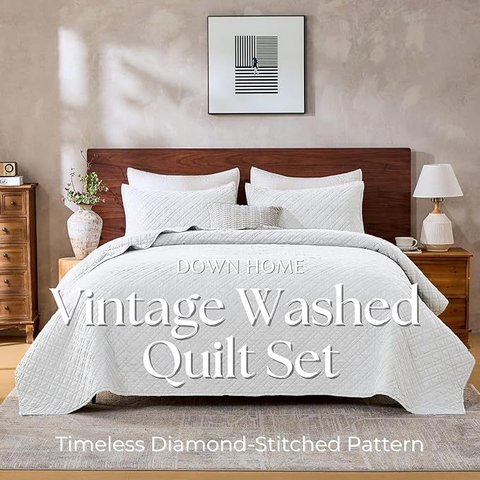 Cali King Quilt Set with Shams Lightweight Quilted Bedspread Coverlet Thin Comforter Bed Cover Vintage Washed Quilted Blanket for All Season, Brushed Microfiber Diamond Stitching, White, 111"x92"