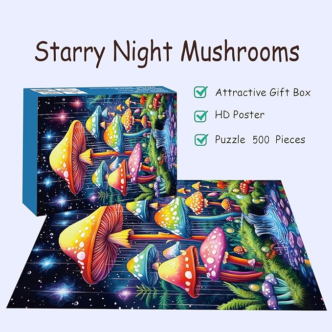 Puzzles for Adults 500 Pieces, Mushroom Jigsaw Puzzles - Starry Night Mushrooms, Impossible Glow in The Dark Puzzle for Seniors Family, 14.96x20.47 inches, 1:1 Poster, Letter on The Back