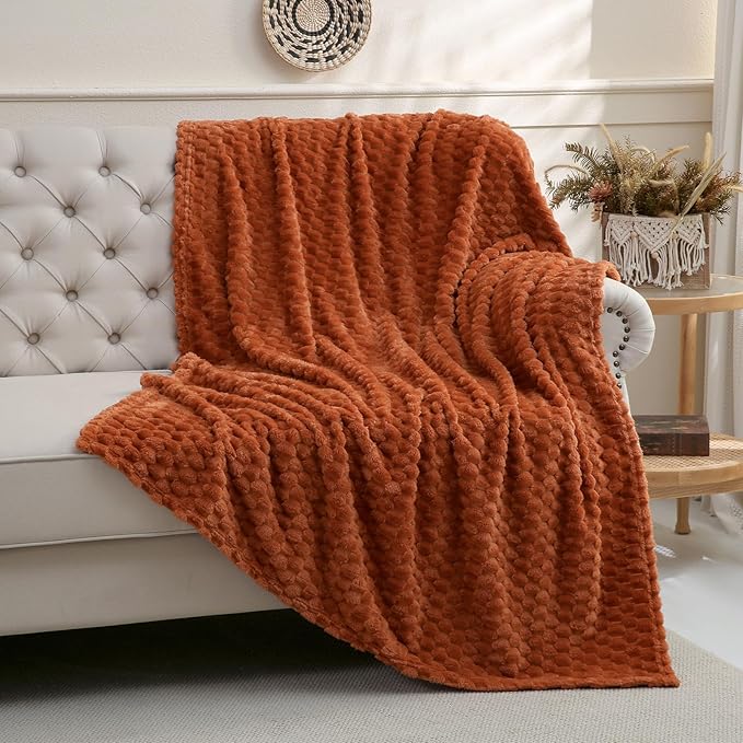 Puncuntex Burnt Orange Throw Blanket 108"×90" Fuzzy 3D Jacquard Decorative | Flannel Fleece Super Soft Plush Cozy Blanket for Couch Sofa Chair Lightweight