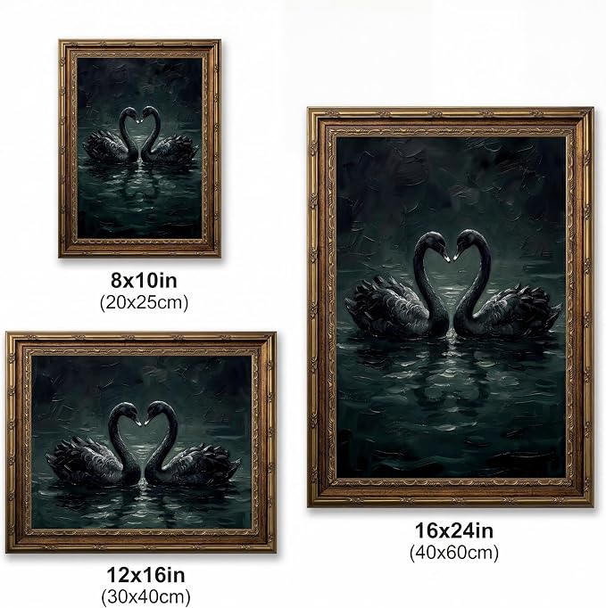 Vintage Gold Framed Gothic Wall Art Moody Love Black Swan Canvas Print | Dark Academia Swan Painting Print, Romantic Vintage Animal Poster Picture Wall decor for Bedroom Living Room Office 16x24 In