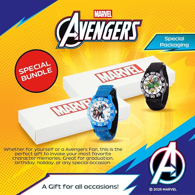 Marvel Superhero 2-Pack Watch Set for Kids Ages 4–7 – Featuring Captain America Shield and Hulk Dial Designs – Blue and Black Bezels with Matching Nylon Straps – GET 2 Mystery Bonus Watches