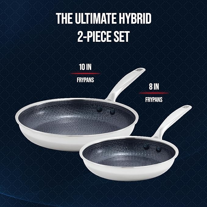 Blue Diamond Hybrid 2 Piece (8"&10") Stainless Steel Nonstick Fry Pan Set | PFAS-Free Ceramic Nonstick Skillets, Powerful Searing, Induction & All Cooktop Ready, Dishwasher and Oven Safe
