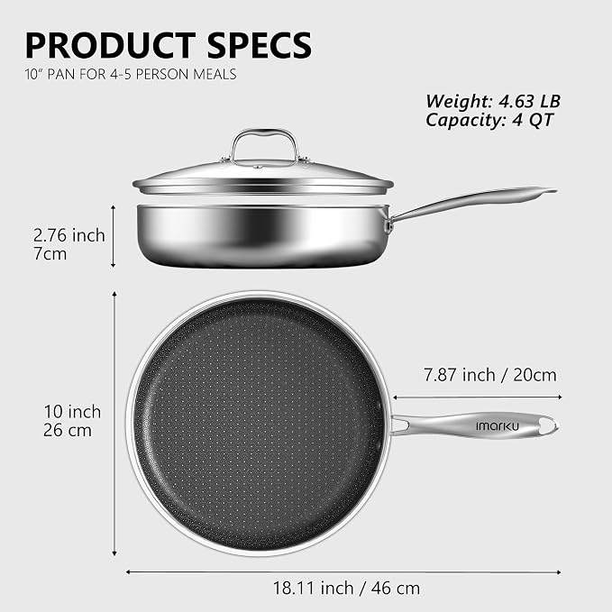imarku 10-Inch Hybrid Non Stick Frying Pan with Lid, Ceramic Coating | Stainless Steel Deep 4-Quart Skillet for Family Meals, Oven & Dishwasher Safe, Induction Compatible Cookware, PFOA Free
