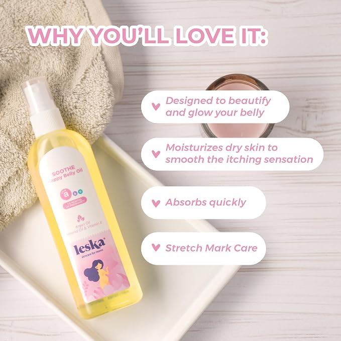 LESKA Maternity Stretch Mark Moisturizing Oil | STAGE A: SOOTHE Happy Belly Oil (Pregnancy Months 1-5) | Part of a Complete 3-Stage Pregnancy Skincare System | New Mom Gifts (4.22oz)