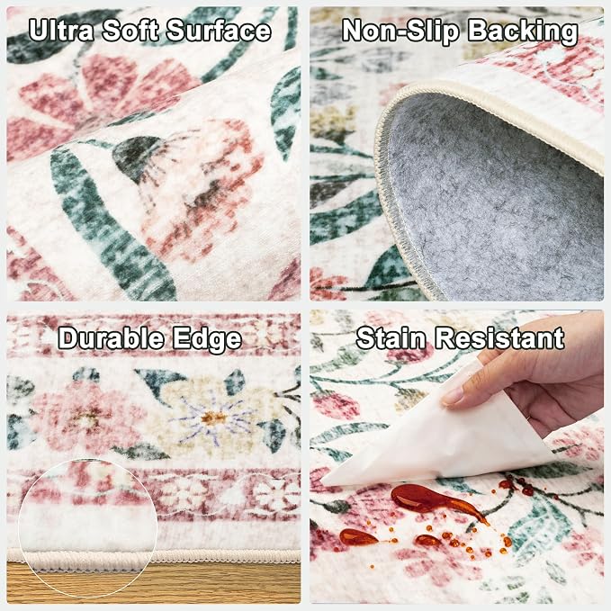 Runner Rug for Entryway: 2.6x10 Kitchen Rugs Non Slip Washable Ultra-Thin Soft Floral Carpet Indoor Floor Stain Resistant Carpets for Hallway Bedroom Kitchen Laundry Bathroom Dorm Pink/Green