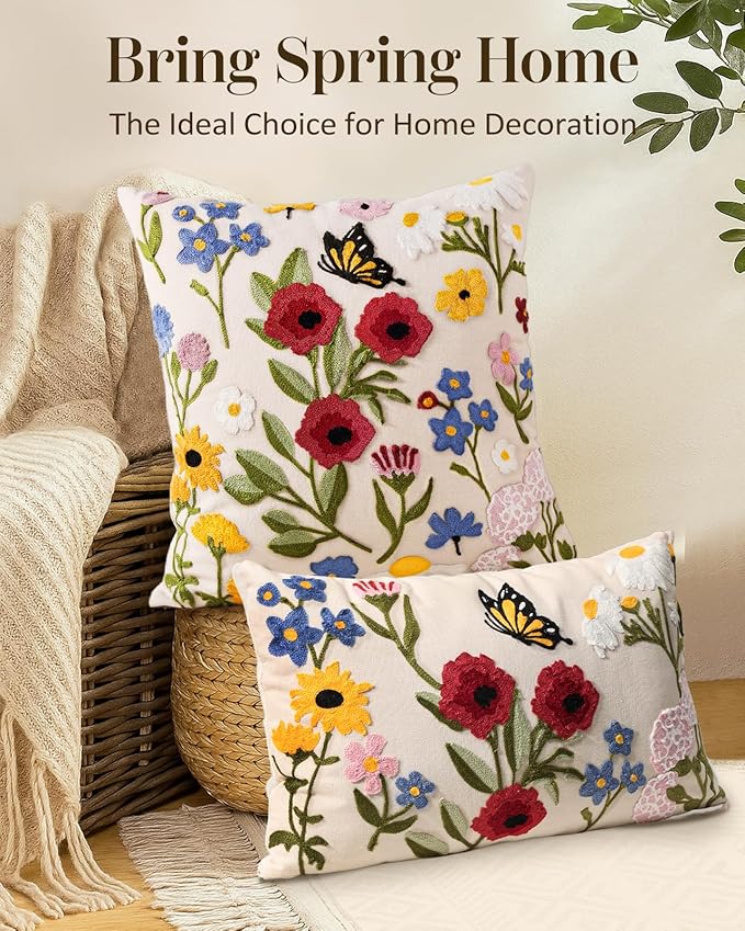Embroidered Throw Pillow Cover 20x20 Inch, Retro Flower | Decorative Pillow Cover, Vintage Boho Cushion Case with Hidden Zipper, Floral Decor for Couch, Sofa, Living Room, Bedroom