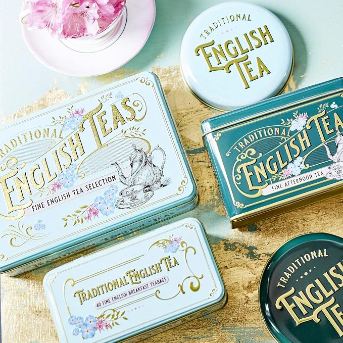Vintage Victorian Tea Tin with 72 Assorted Fine English Teabags | English Breakfast, Earl Grey & Afternoon Tea