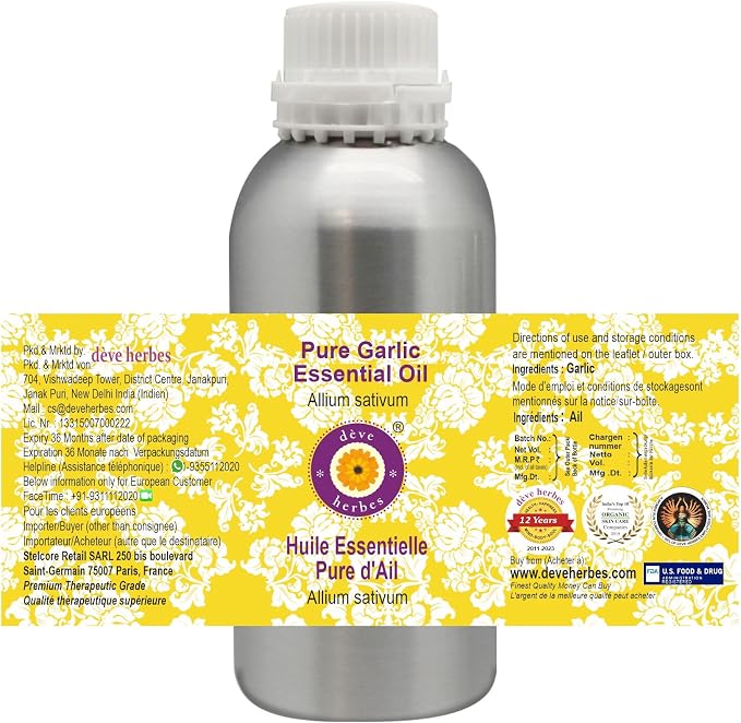 Deve Herbes Pure Garlic Essential Oil (Allium sativum) Steam Distilled 630ml (21 oz)