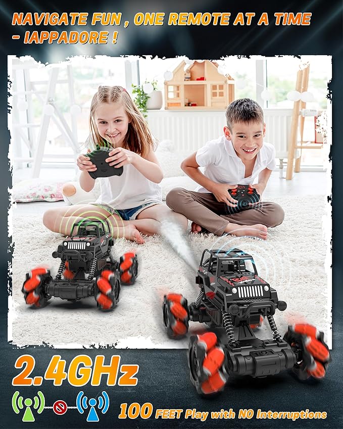 RC Stunt Car, Remote Control Car with 360° Rotation, Sideway Drift, Spray, All Terrain 4WD RC Stunt Hobby Cars for 6-12 Years Old Boys (Red)