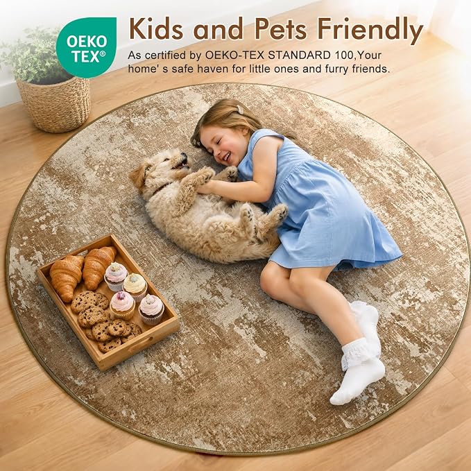 6Ft Round Area Rugs for Living Room, Soft Non-Slip Washable Rugs Modern Abstract Pattern Carpet for Bedroom Indoor Floor Nursery Home Decor (Brown)