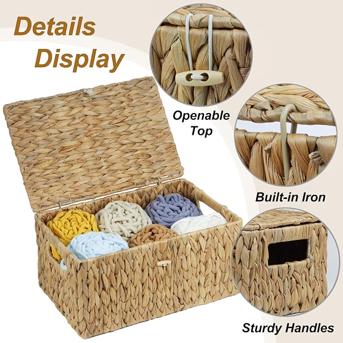 ORDELITE Water Hyacinth Wicker Storage Basket with Lid, Large | Rectangular Storage Box, Shelf Organizer Bin, Woven Home Storage, Multipurpose Design, Natural Decor