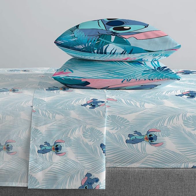 Jay Franco Kids Sheet Set with Fitted, Flat Sheets & Pillow Cover - Ultra-Soft Bedding with Pillowcase for Room Decor, Teal - Lilo & Stitch, 4 Piece Queen