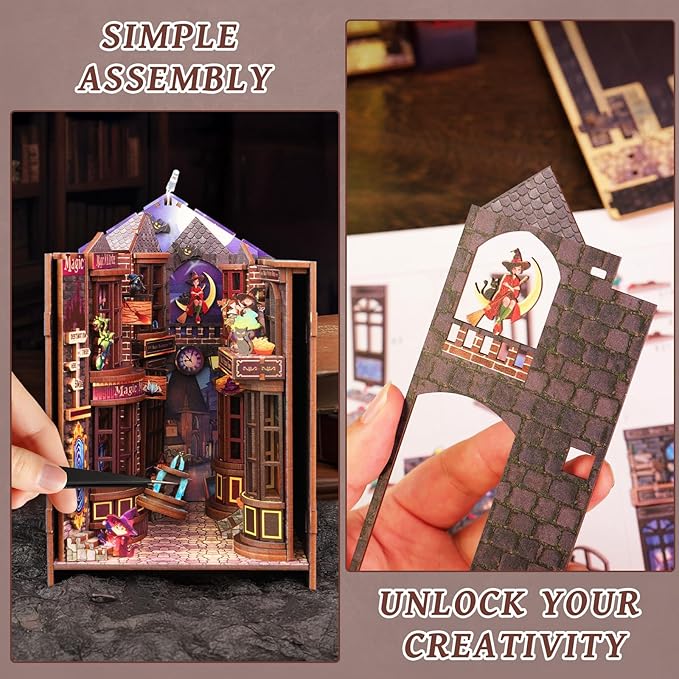 Foyucool Book Nook Kits for Adults, Magic Alley DIY Book Nook Kit, 3D booknook Craft Kits Bookshelf Insert with Sensor LED Light, Creative Craft Gift for Adults & Teens