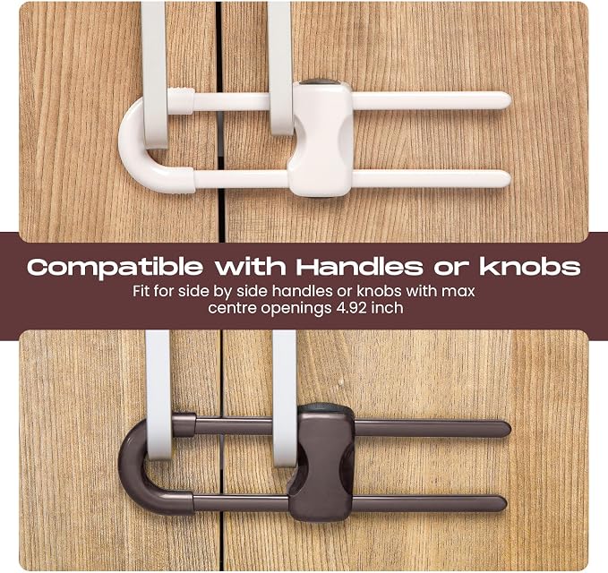 Jetec 10 Pack Baby Cabinet Locks, No Adhesive No Drill Child Safety Locks for Cabinets with Knobs or Handles, Adjustable U-shaped Child Proof Latches for Cupboards, Fridge, Closet, Pets(Brown,White)