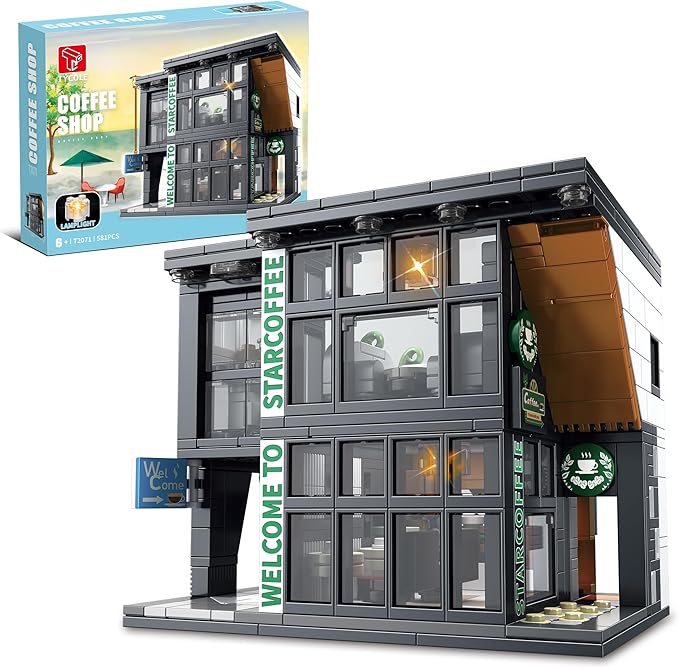 TYCOLE City Coffee Shop Building Block Set, 581PCS Architecture Model with Lights for Display & Decor, Realistic Cafe Toy, Christmas/Birthday Gift for Adults & Kids 8-12