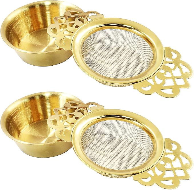 2 Pack Tea Strainers with Drip Bowls, Stainless Steel Tea Strainer Bowl Loose Leaf Tea Filter for 2.5-4 Inch Cup Mouth (Gold)